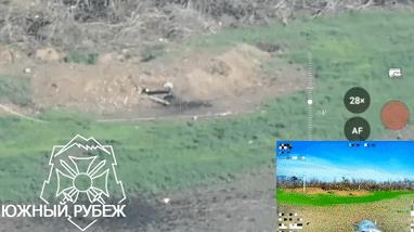 顿涅茨克博加尔特附近，俄军突击队前进的田野地区，无人机发现了防风林地区的乌军的机