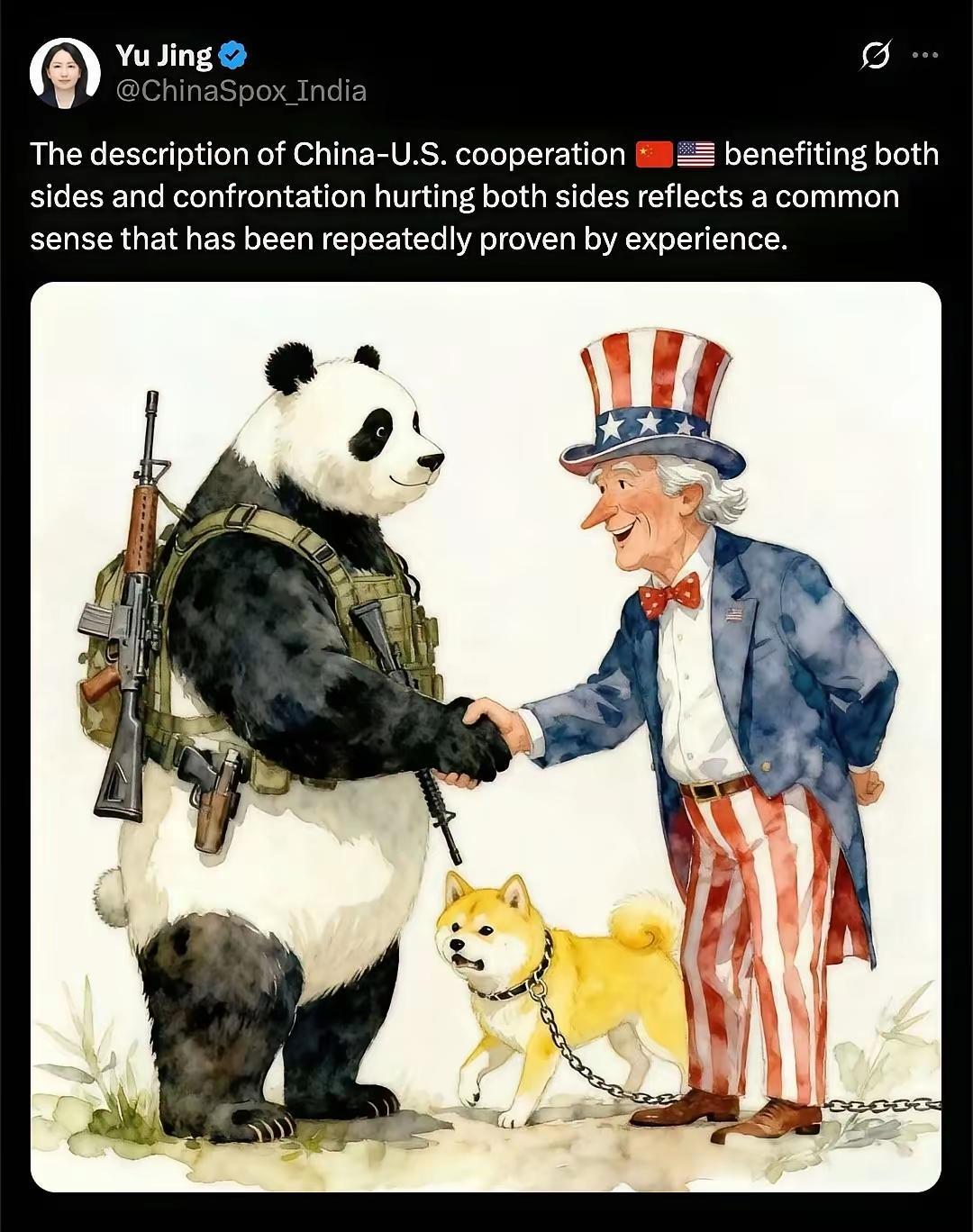 这张图很有意思，尤其是那条狗。第一，美国人笑嘻嘻的，却没有带武器。而熊猫荷枪实