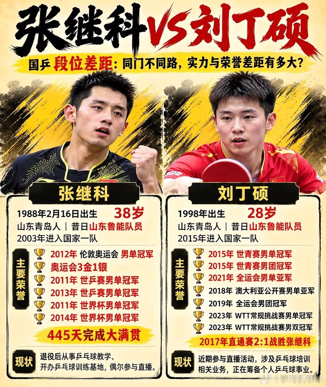 张继科刘丁硕这张图对比了两位同为山东青岛出身的国乒男队选手张继科与刘丁硕的职业