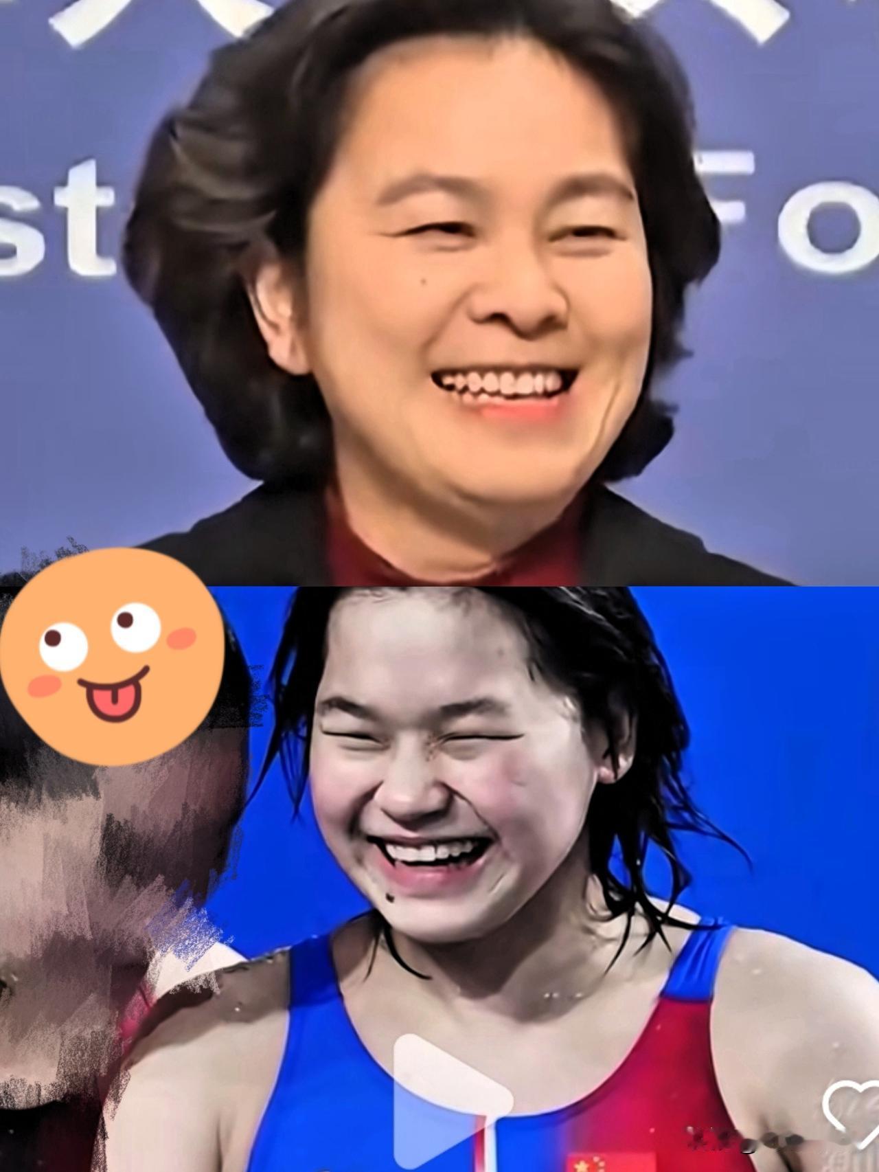 全红婵肯定没想到，自己一个笑容，误打误撞的就跟那个很厉害的女外交官华春莹撞脸