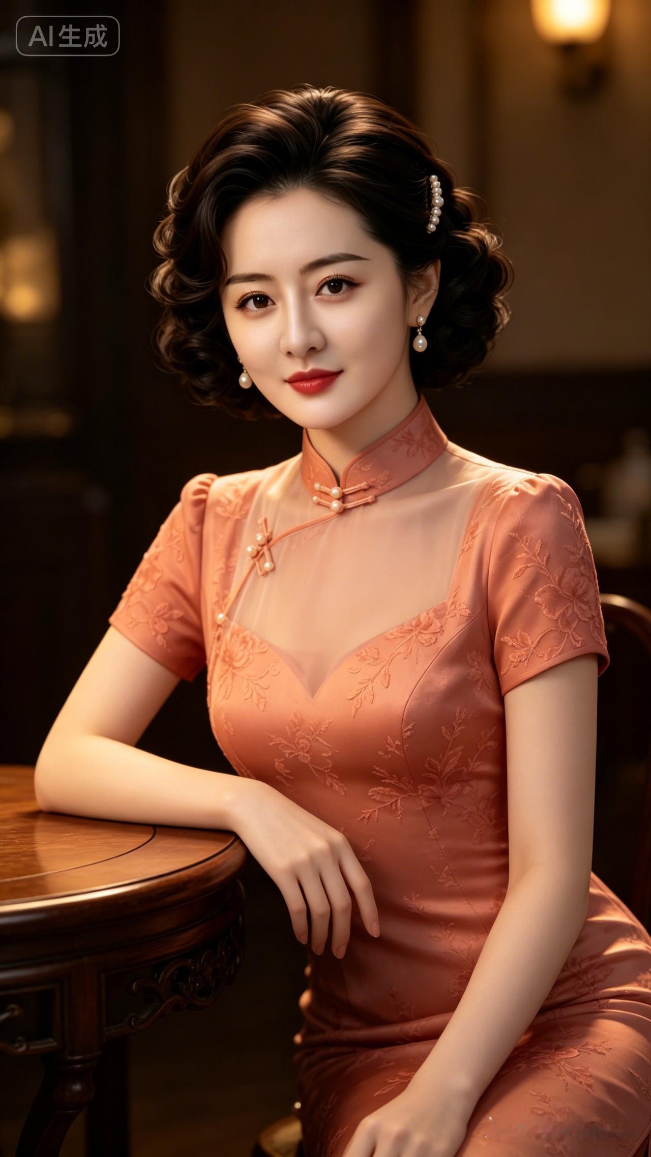 这位女士穿着优雅的旗袍，坐在桌旁。