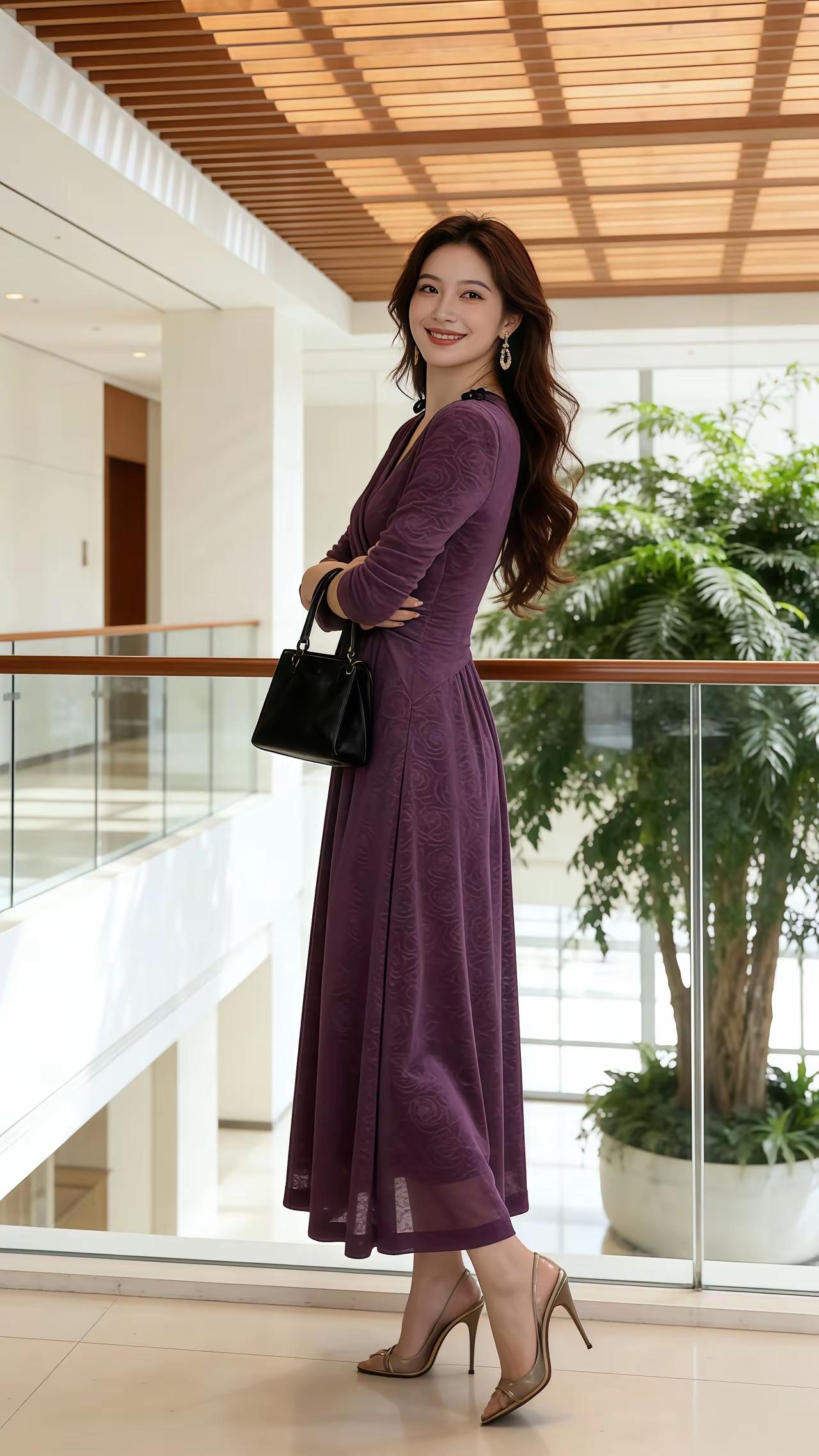 优雅紫色长裙，自信微笑，时尚都市风