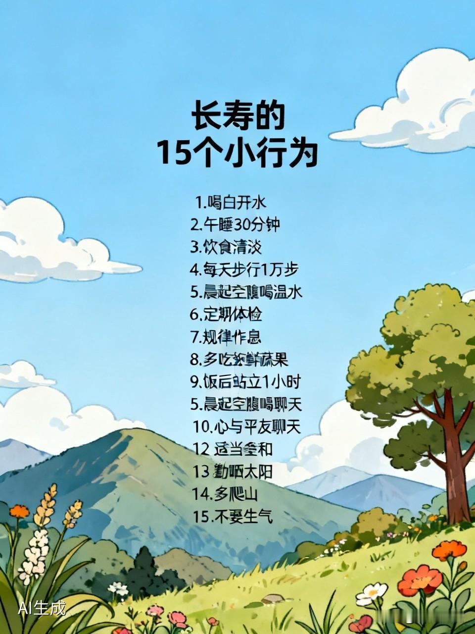 好友是医生，她告诉我，想长寿，坚持15个小行为：1、只喝白开水，不喝饮料。2