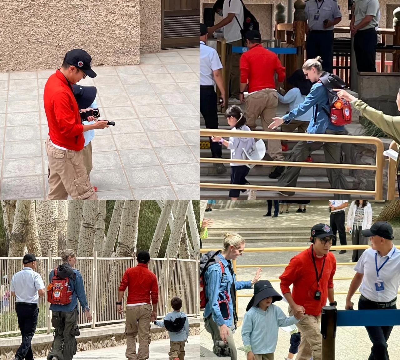 撒贝宁李白带娃游甘肃！网友在莫高窟景区遇到他们一家，小撒穿着红衣服，妻子李白个子