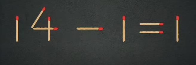 用火柴棒摆成的等式14-1=1，显然不正确，但我们现在要按照游戏要求，移