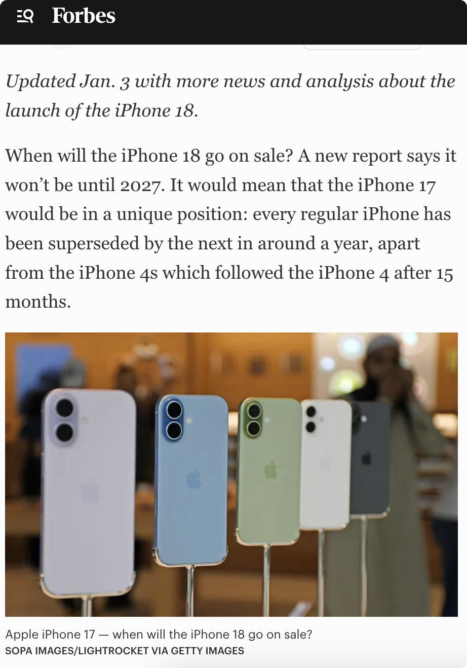 美媒：苹果公司可能不会在2026年推出iPhone18。新报告显示，iPh