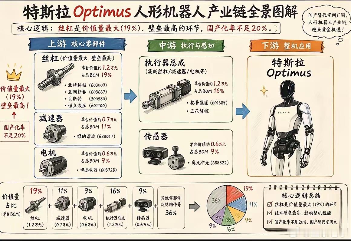 赛道爆发！特斯拉Optimus人形机器人完整产业链拆解，这一环价值占比19%国产
