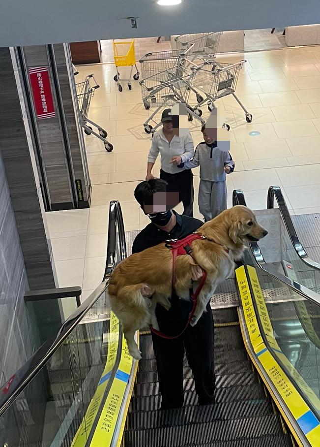 一对青年男女牵着狗，旁若无人地在超市里溜达了一圈，全然不顾人们指指点点的手势和异