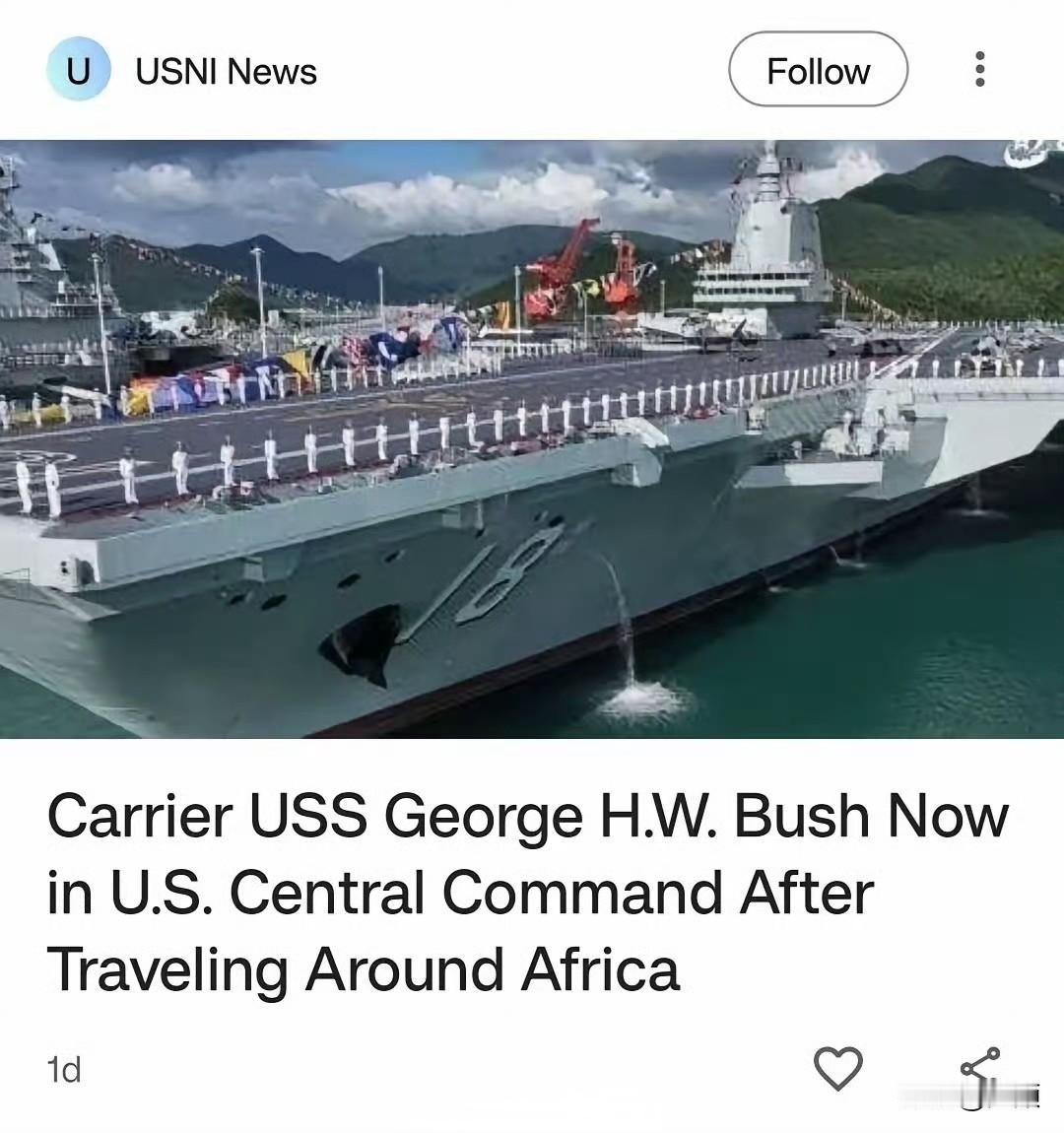 美国海军新闻协会发了一张布什号航母照片，竟然盗图福建舰，连18都没P干净。一