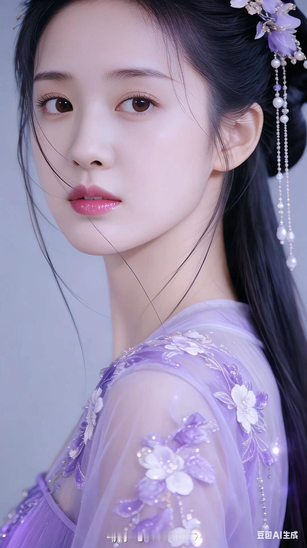 梦幻古风少女，紫色花衣飘逸动人