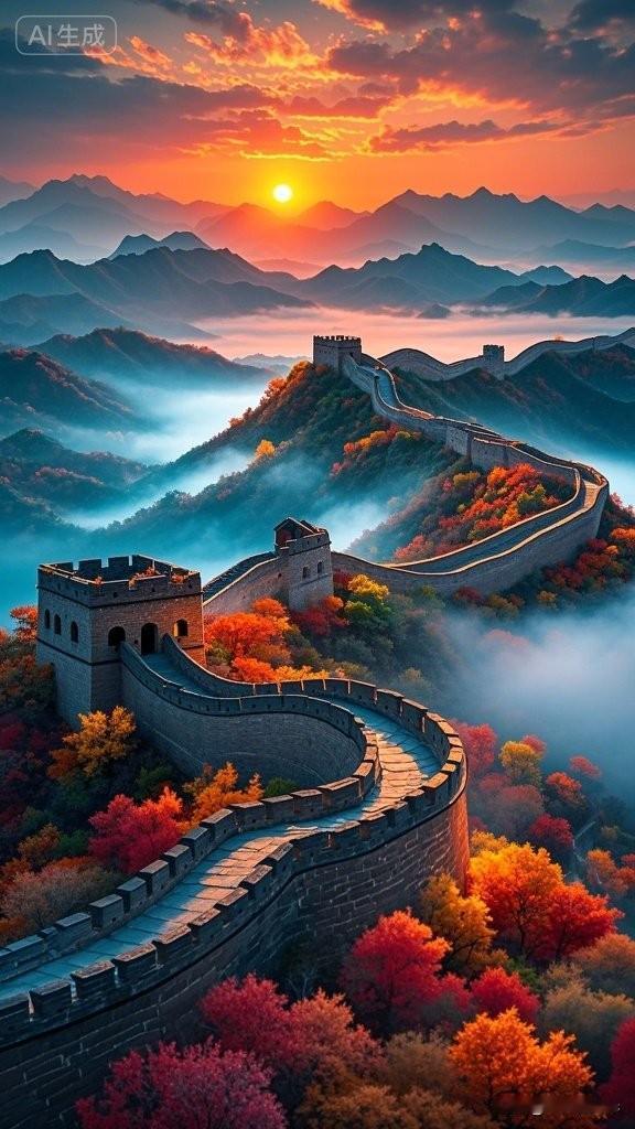 巨龙蜿蜒入云间，秋色满山红似霞。长城美照秋天长城日落长城长城脚下秋叶红秋