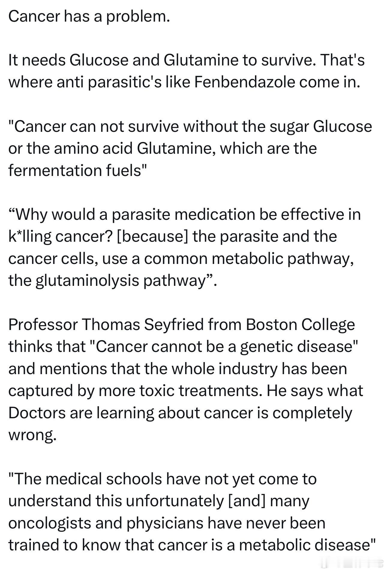 “癌细胞离不开葡萄糖或谷氨酰胺这两种发酵燃料。”“为什么驱虫药能有效杀死癌细胞？