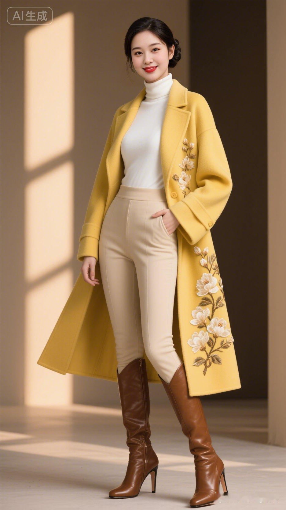 优雅穿搭指南：黄色大衣+米色高腰裤，尽显时尚魅力！