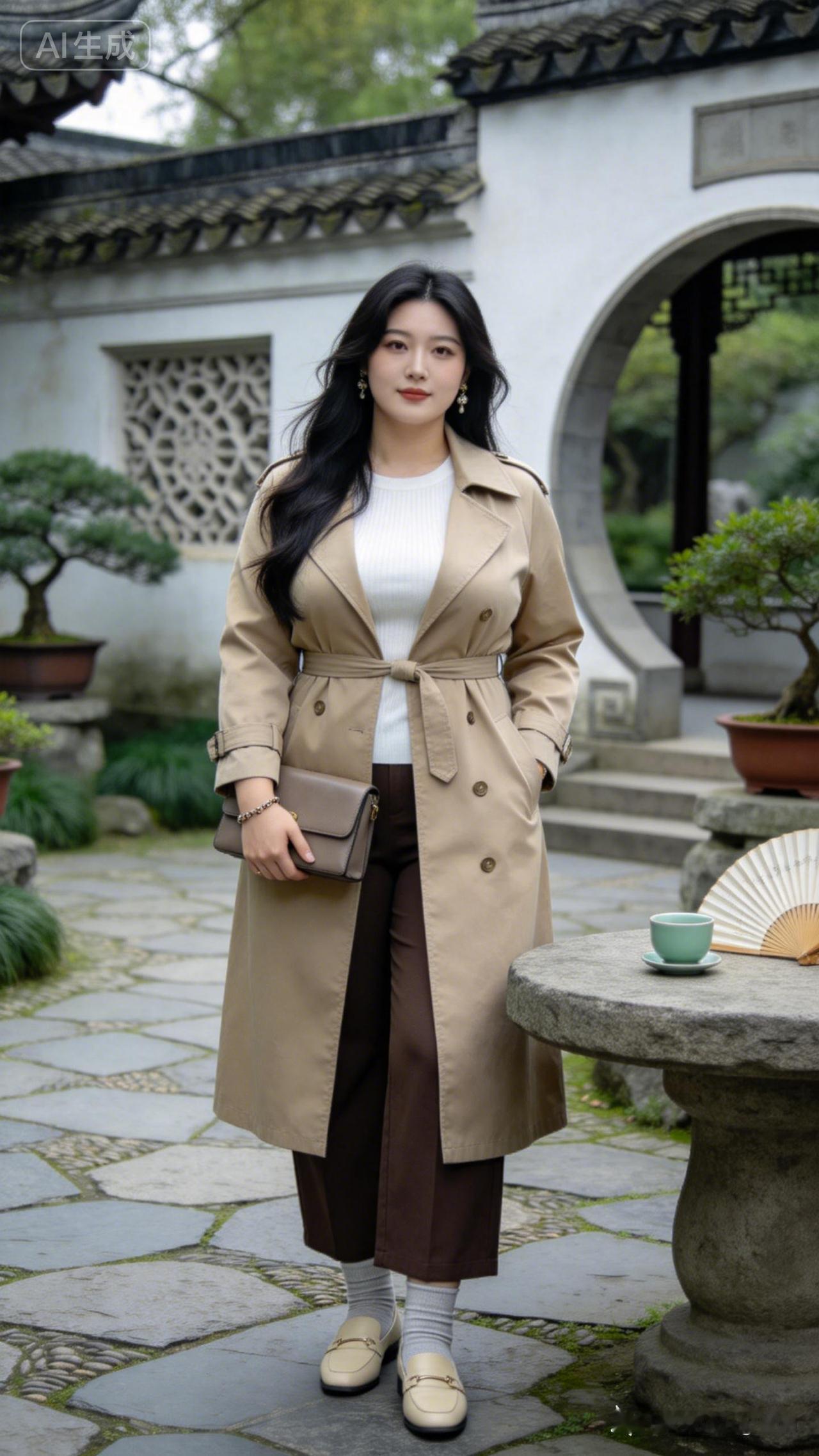 优雅漫步在古风庭院，米色风衣与棕色长裤的完美搭配，尽显都市女性的时尚与优雅。