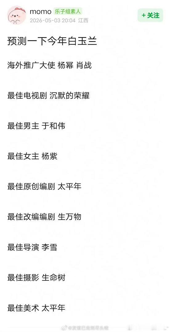 预测白玉兰得奖名单只知道演员杨紫已三提白玉兰就是实力最好的证明！期待杨紫四提白玉