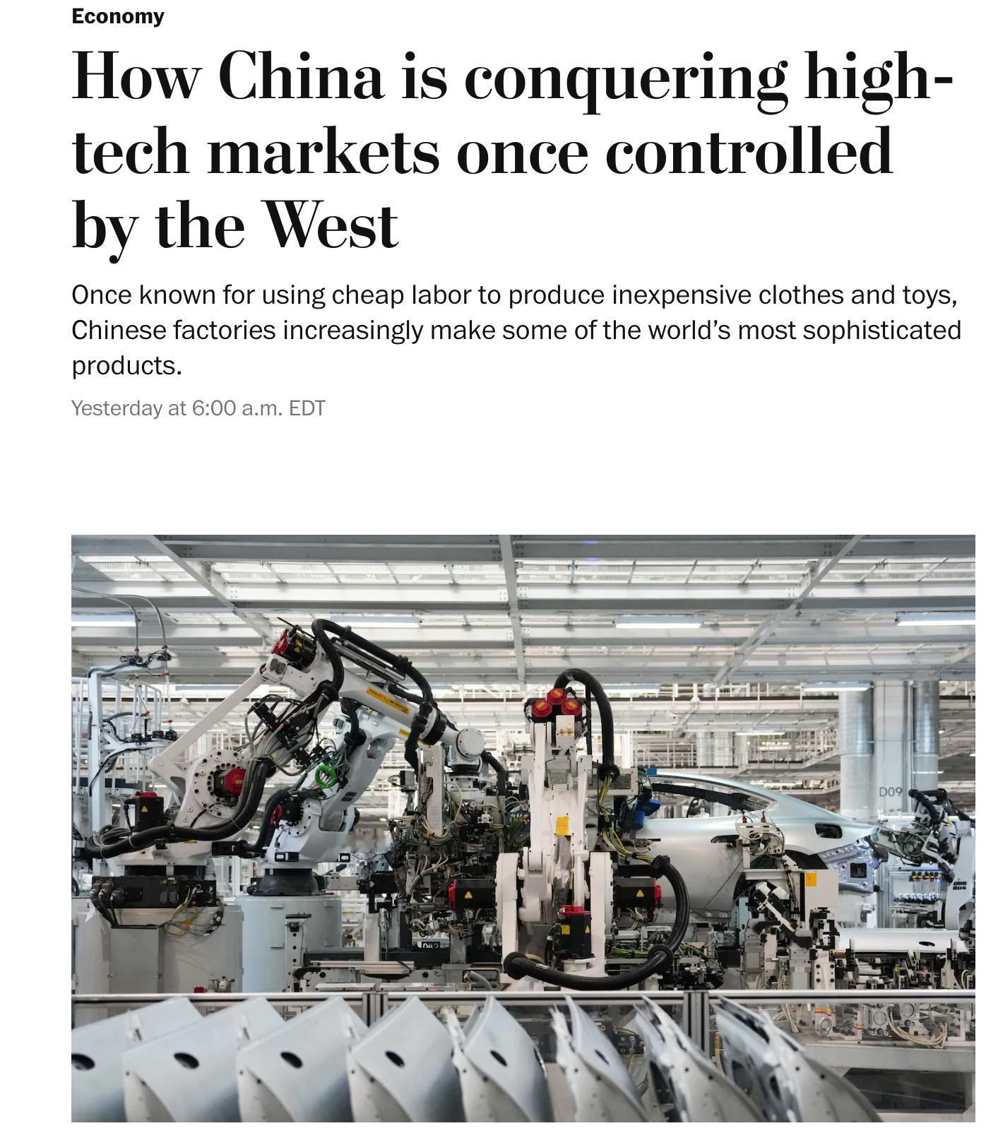《华盛顿邮报》近日刊发文章《中国如何竞争曾由西方控制的高技术市场》。这篇文章最值得关注的，不只是“中