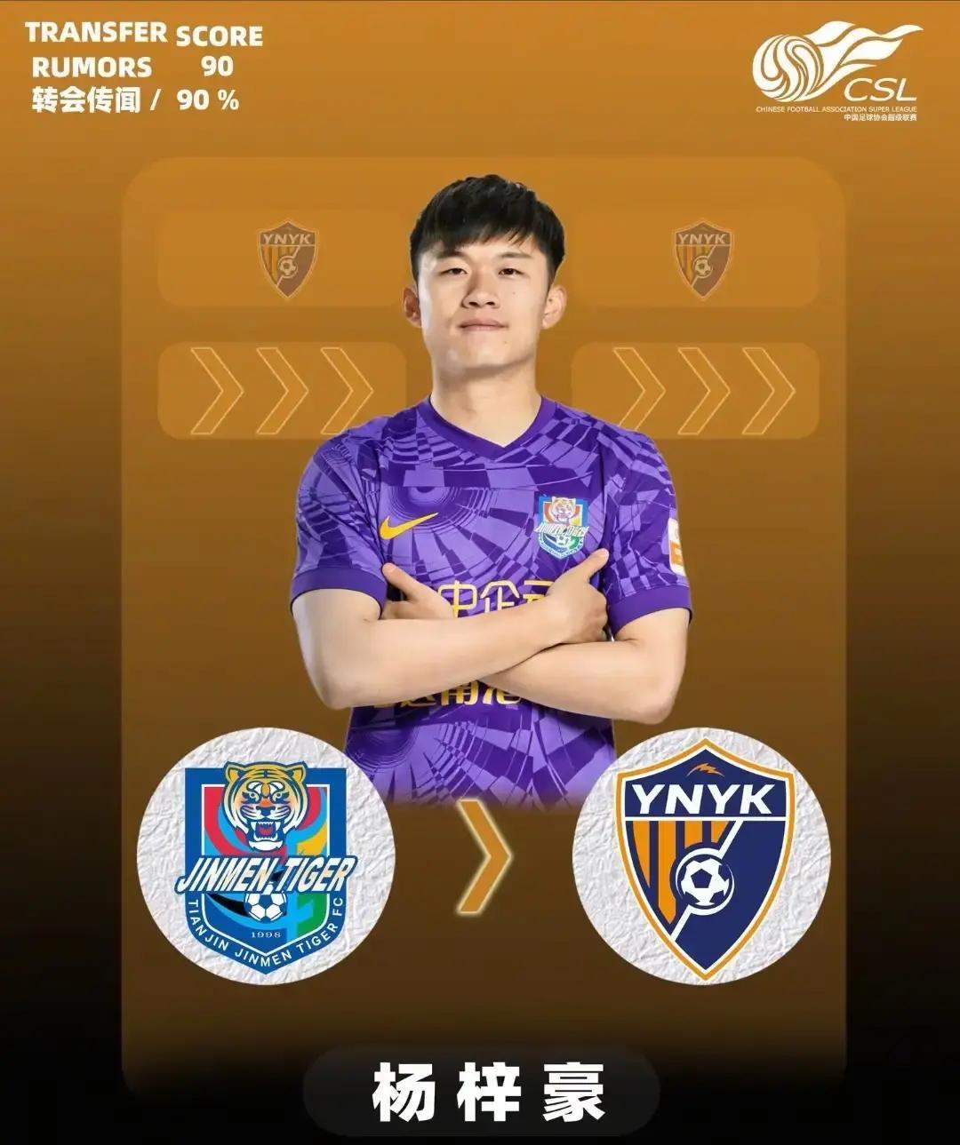 杨梓豪，天津津门虎一个23岁的边后卫，看样子要去云南玉昆了。他在天津队算不