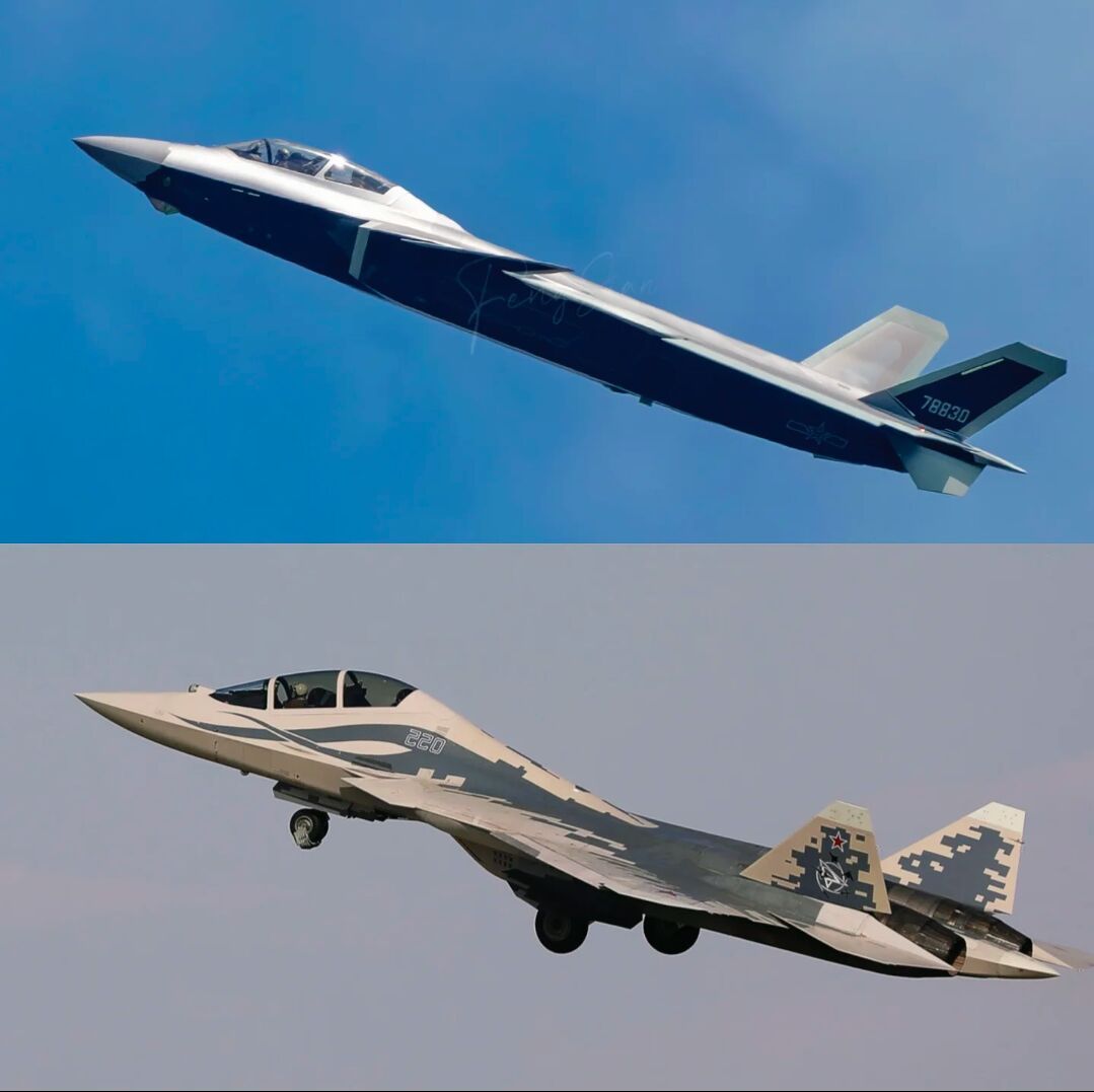 J-20S和Su-57D同角度侧视图虽然同为五代双座型，但是从气动设计、隐身细