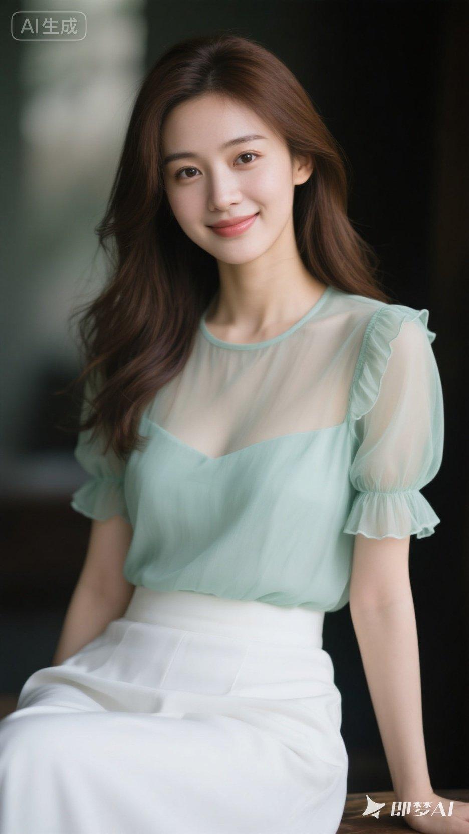 温柔甜美的女孩，清新自然的妆容，浅绿色上衣搭配白色裙子，优雅动人。