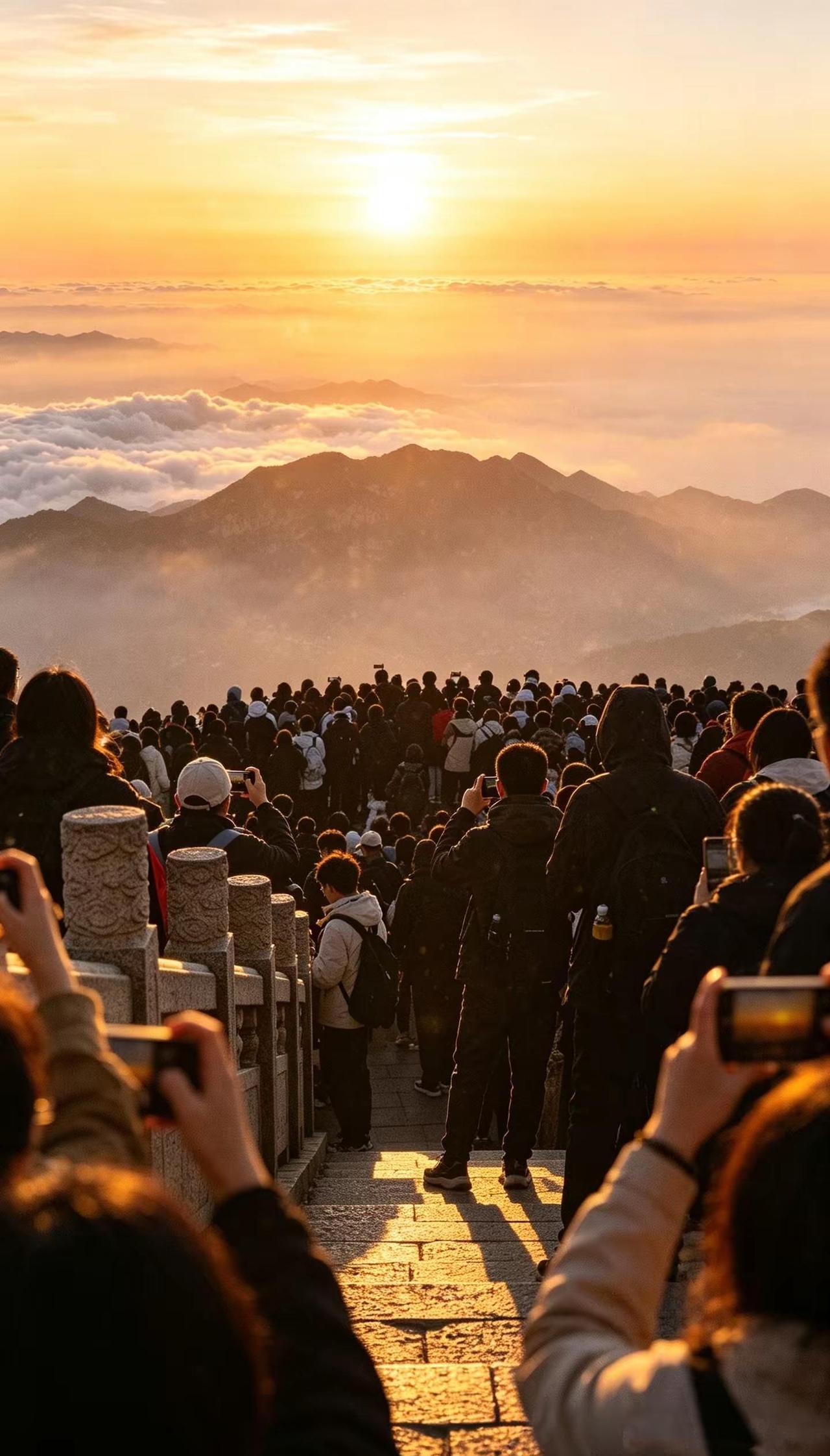 总要来一次泰山看日落吧！山顶人山人海，大家举着手机静静等待，夕阳漫过层层云海，这