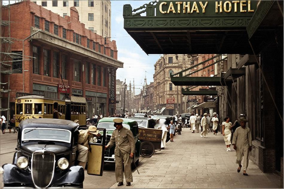 1937年，旧上海南京东路与外滩交汇处繁华街景，著名的华懋饭店入口前停放的一辆私