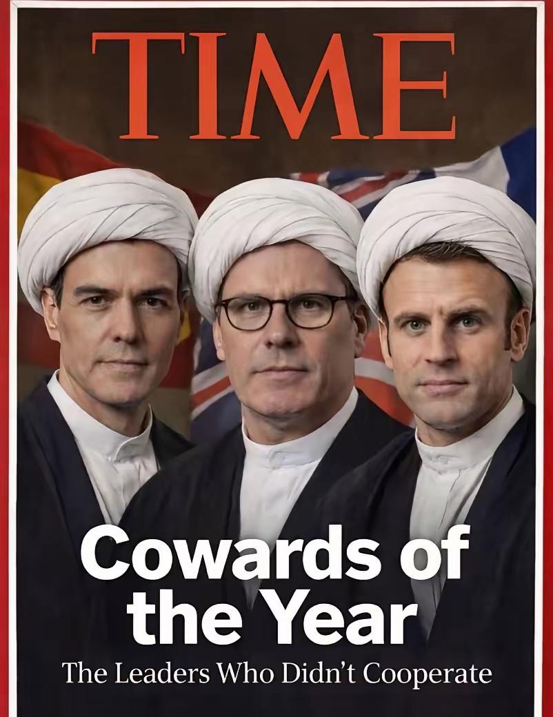 这是美国网友PS的相片，英国首相斯塔莫，法国总统马克龙，西班牙领导人。上面一排