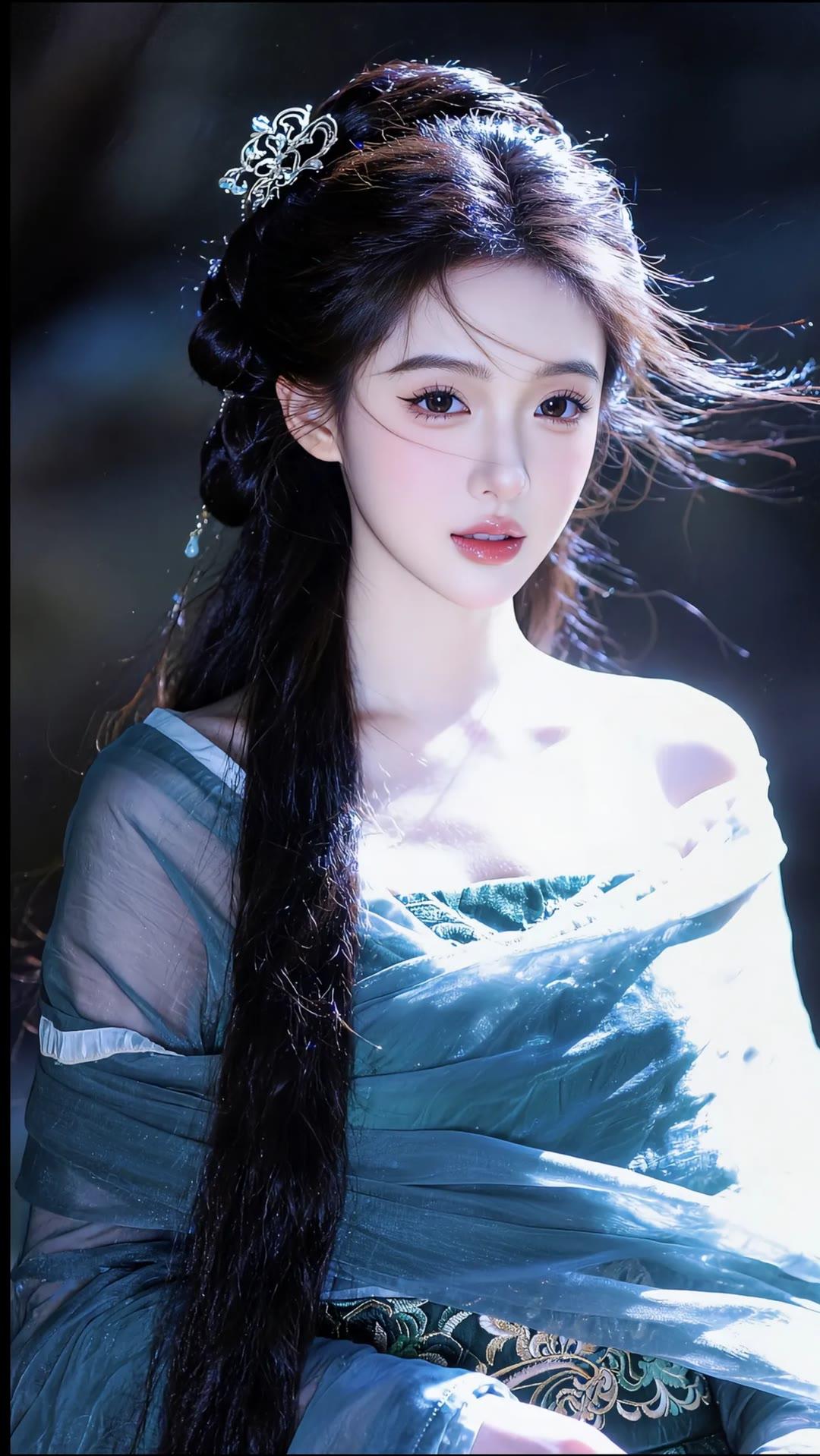 仙气飘飘的古风美人，长发飘飘，宛如画中仙子。