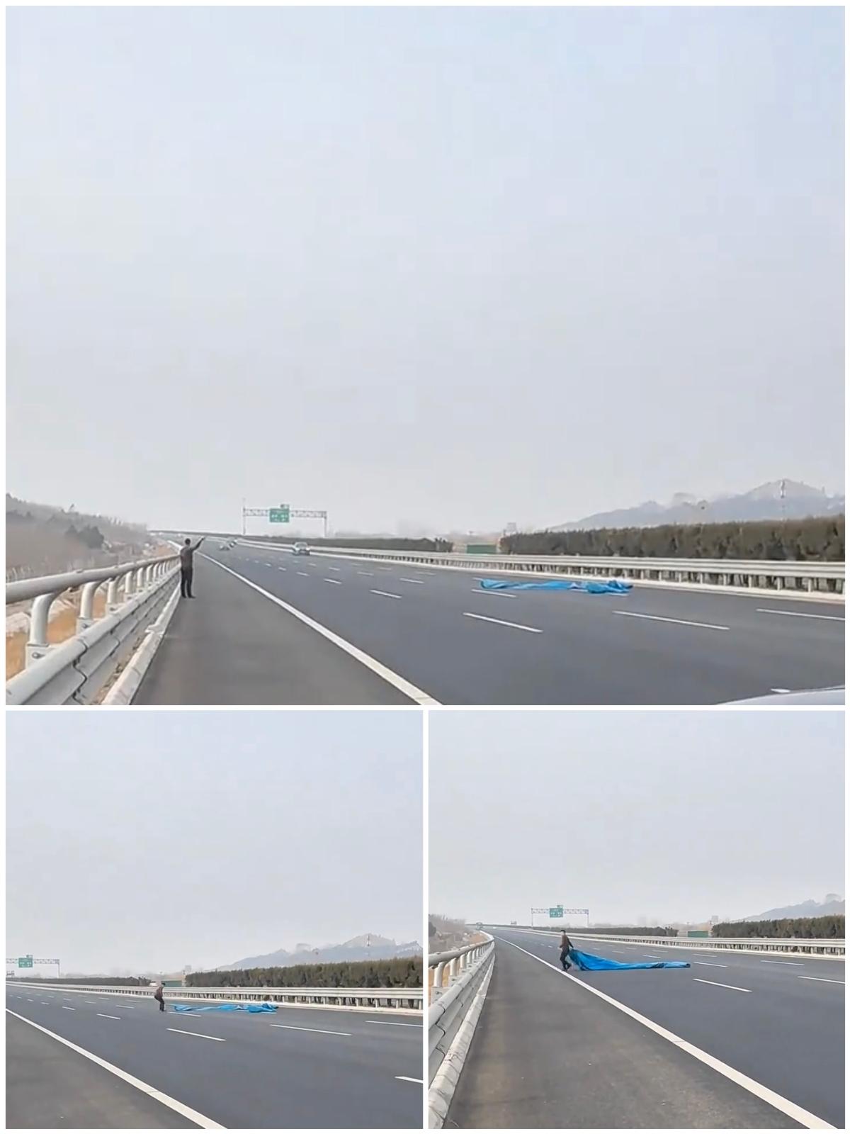 “两难抉择。”2月3日，山东郓城张先生开车路过济广高速，眼看路中间躺着大货车雨篷