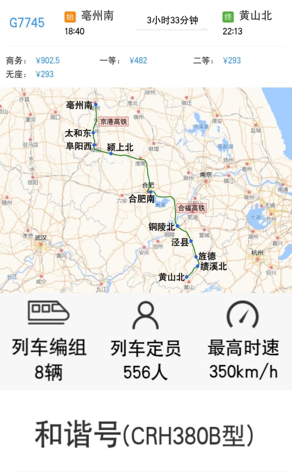 亳州南到黄山北G7745次经京港高铁、合福高铁运行