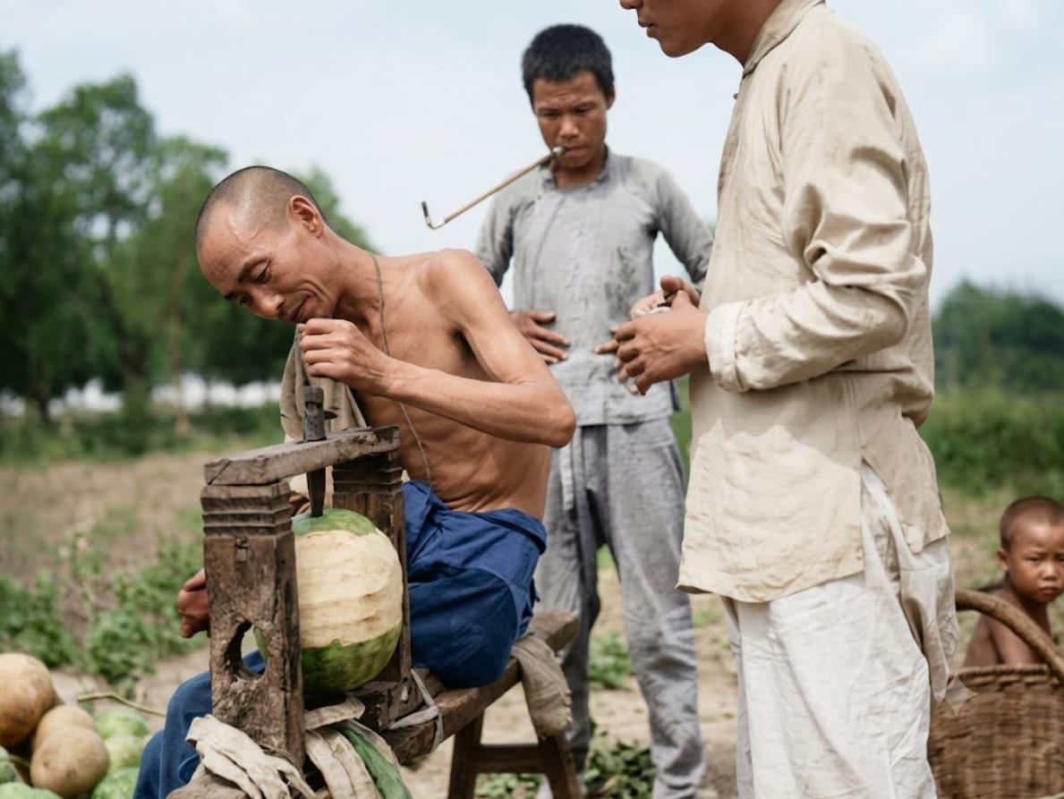 1914年8月17日，陕西，一位赤膊的男子正全神贯注地操作着一台自制的简易机械，