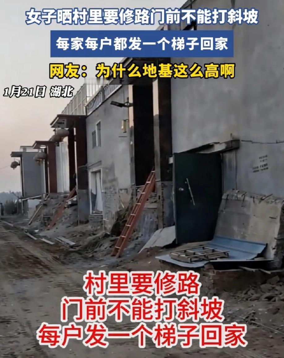 活该！地基打这么高，门前打斜坡，现在修路，各家各户只能爬梯子回家。真不明白，