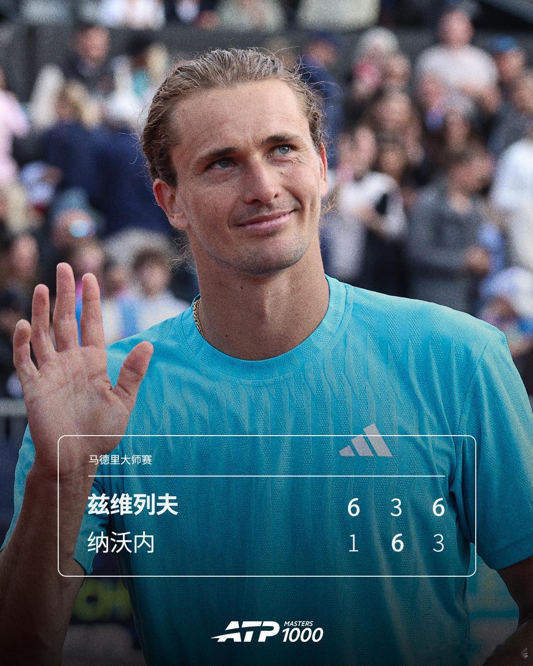 兹维列夫三盘晋级ATP1000马德里大师赛次轮，2号种子兹维列夫以6-13-