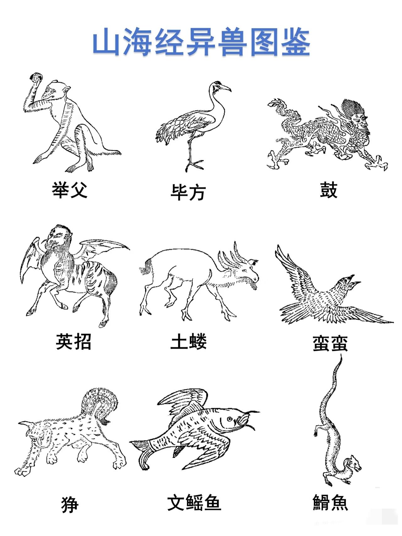 山海经异兽图鉴：举父毕方鼓英招土蝼蛮蛮狰文鳐鱼䱻魚