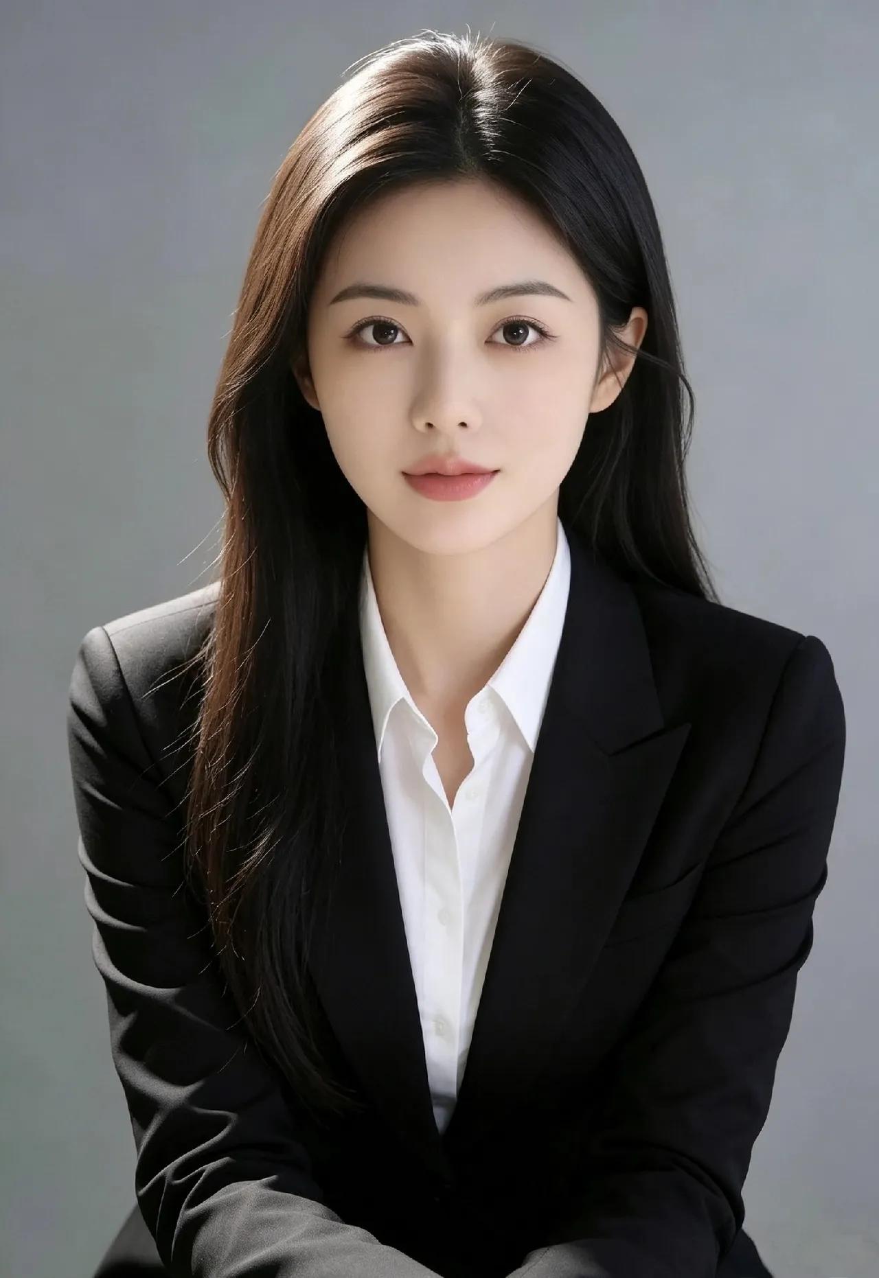 这位美女穿着黑色西装搭配白色衬衫，完全把都市职场女人的魅力拉满了！