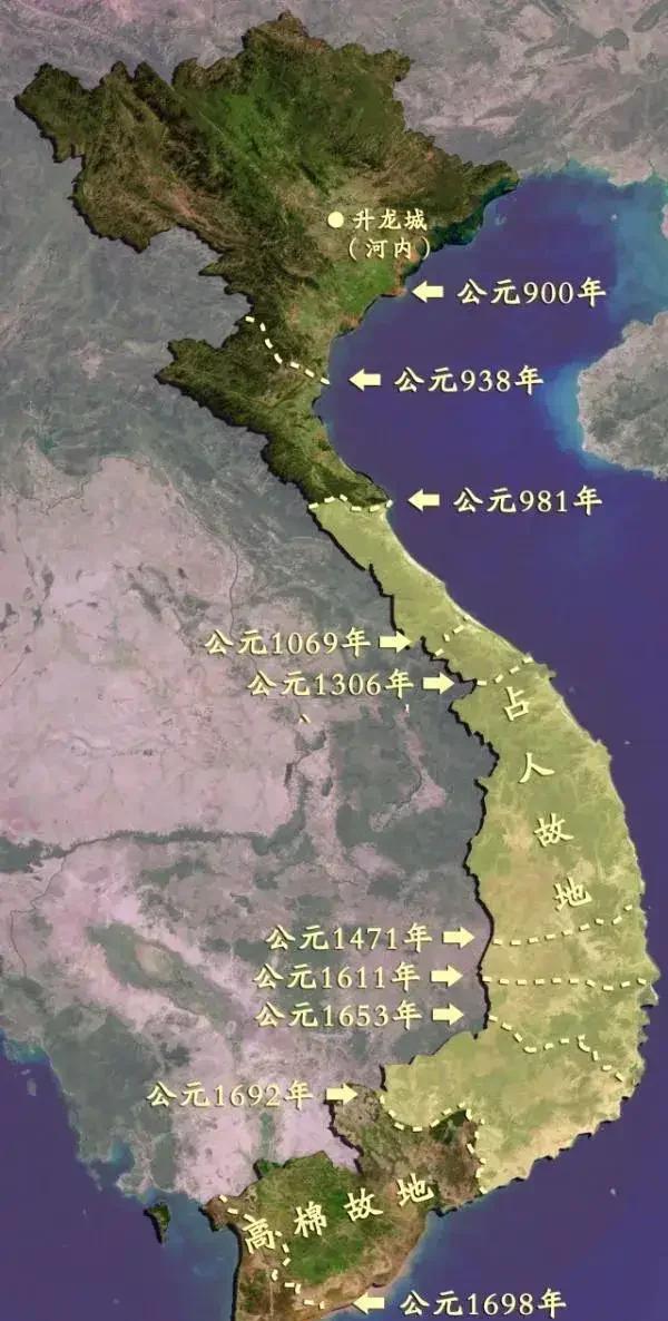 越南脱离中国自立之后，其版图并非就是如今纵贯中南半岛的范围，控制的疆域主要还是原