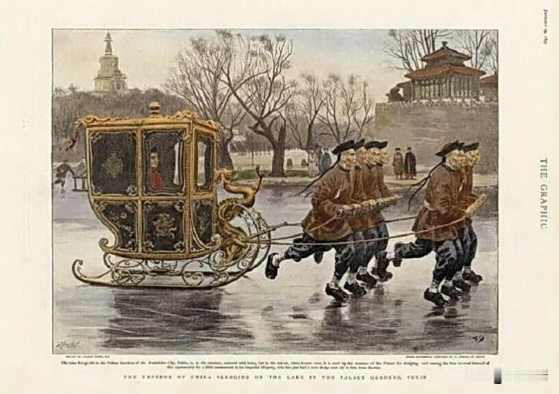 这幅版画是一幅非常珍贵的历史画作，生动记录了清末光绪皇帝在北京北海（当时称“太液