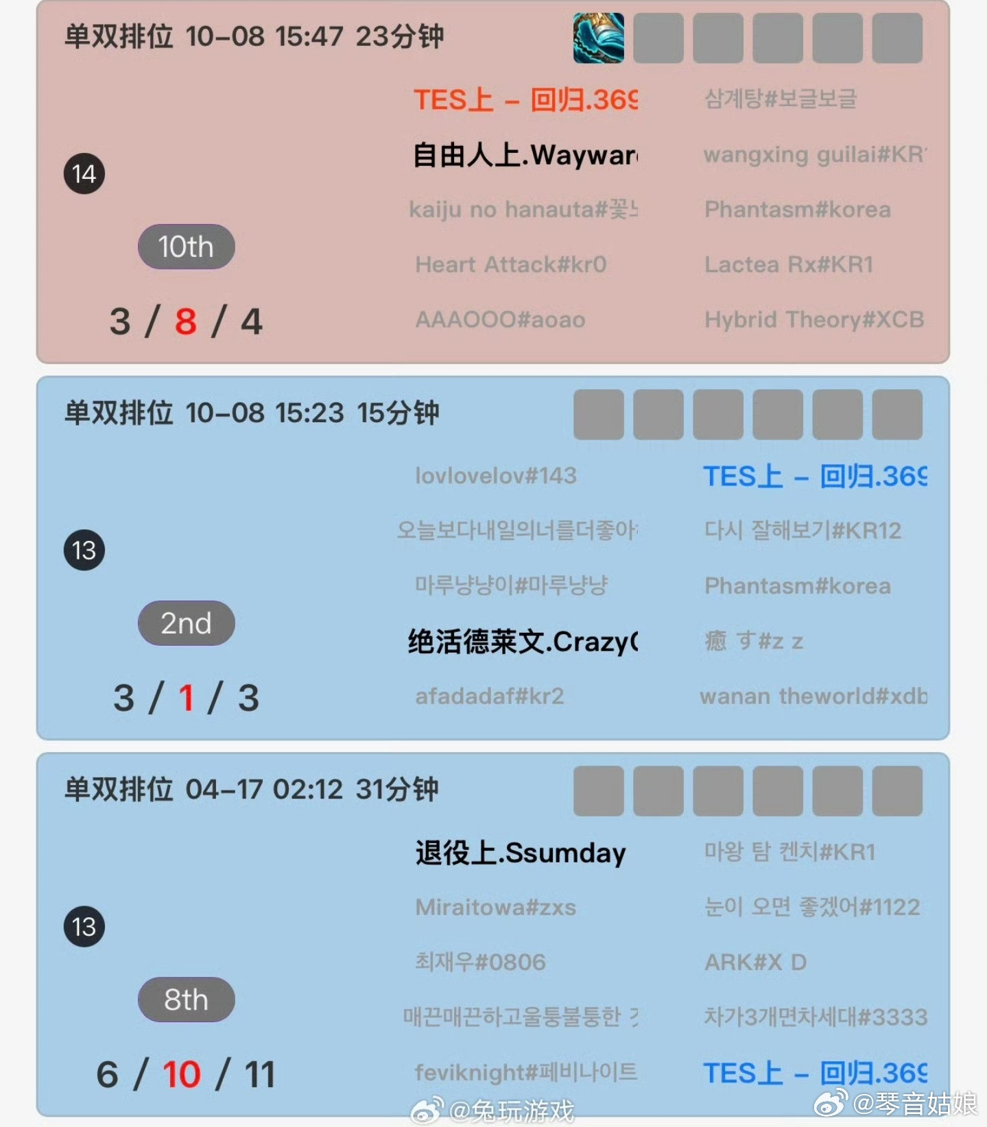 369时隔半年重返韩服曝369回归TES赛训TES这波真是极限救火：ZUIAN签
