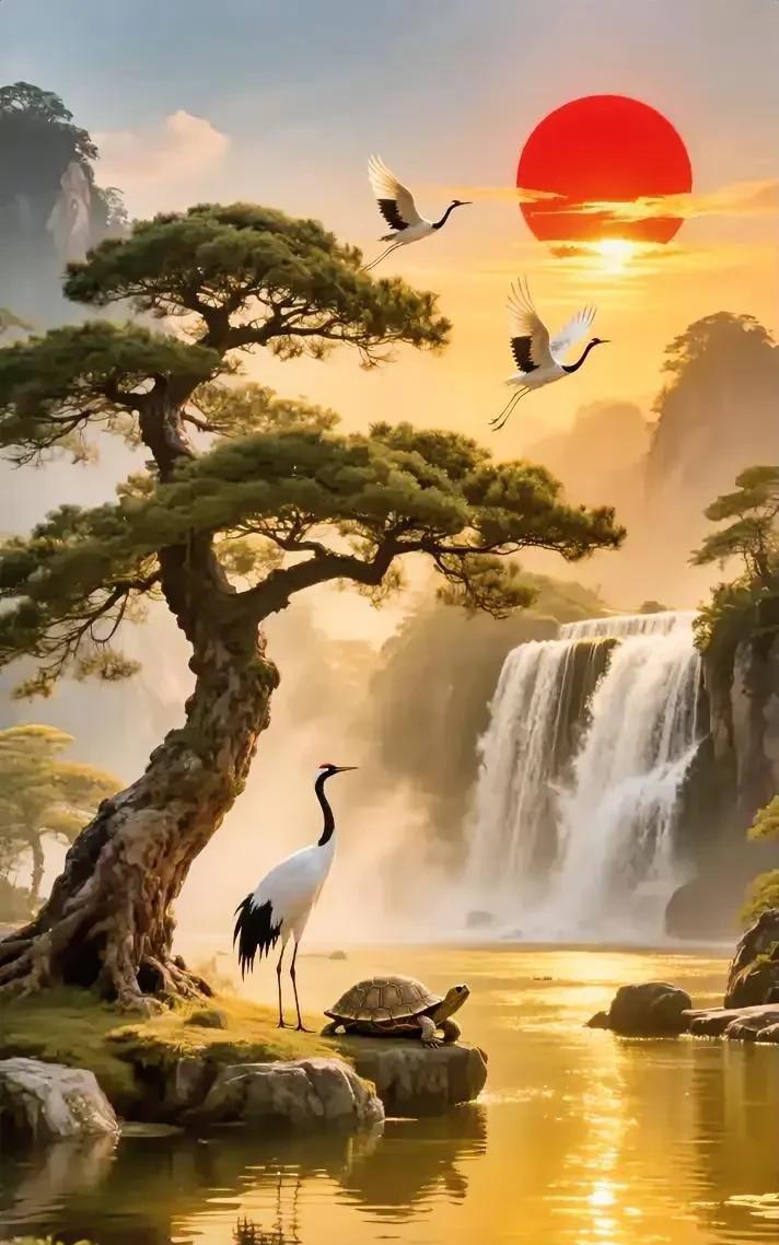 仙境般的自然风光，白鹤与乌龟相伴，瀑布与夕阳交相辉映。