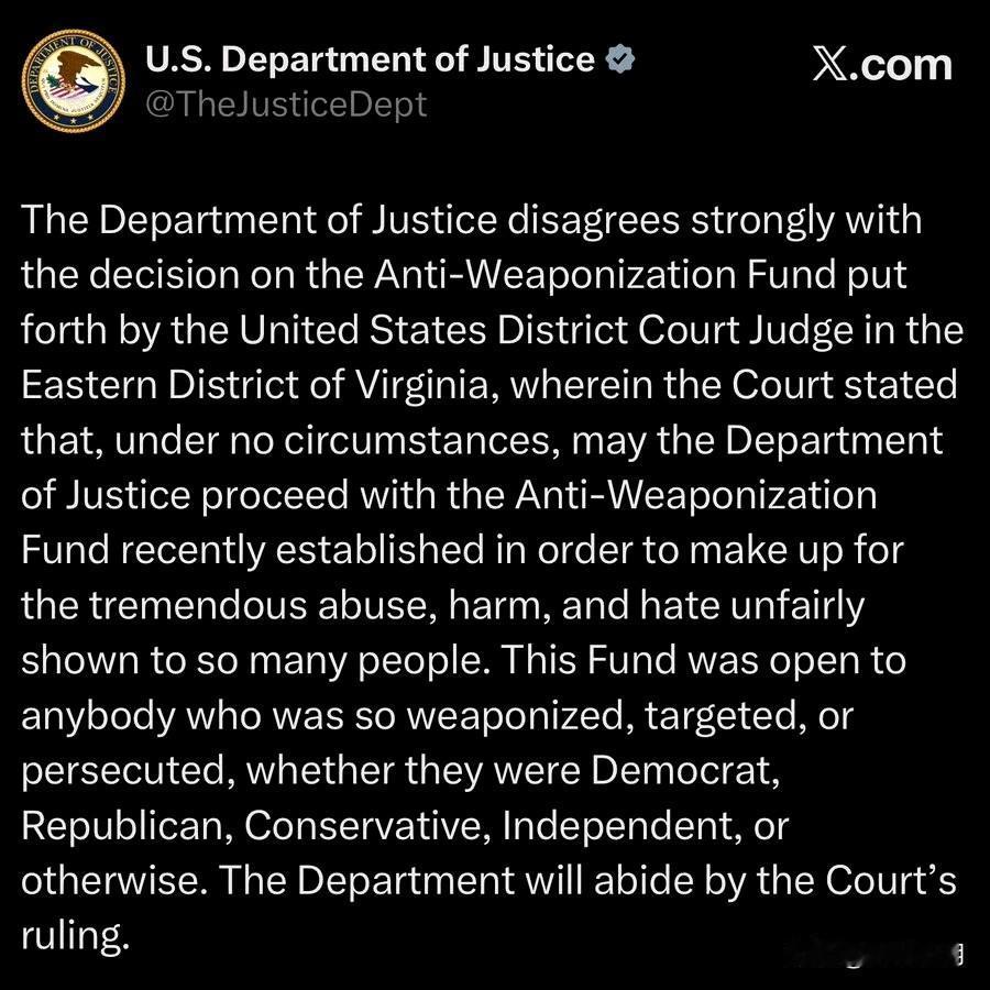 特朗普阵营重大挫折美国司法部周一发表声明称，将遵守联邦地区法官莱昂妮·布林克玛