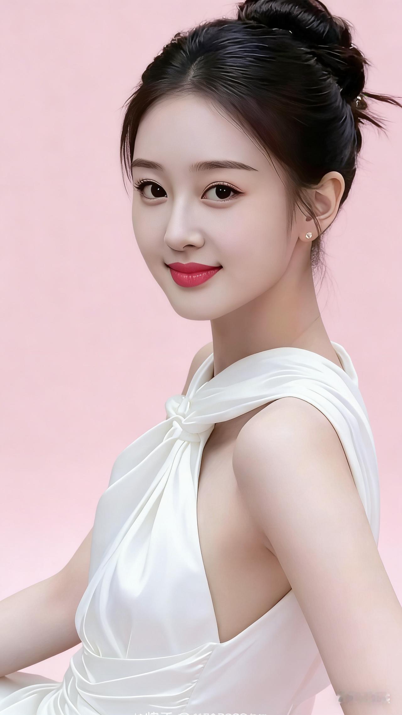 这位美女穿着白色礼服，微笑得很迷人。