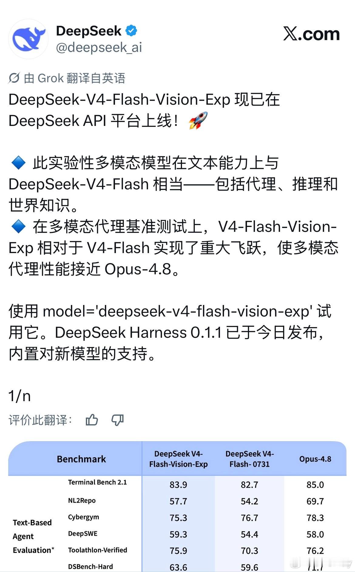 DeepSeek-V4-Flash-Vision-Exp 现已在 De...