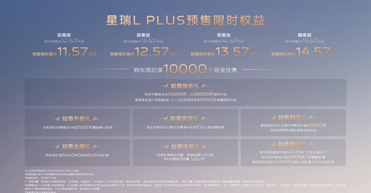 昨晚吉利星瑞LPLUS混动版开启预售，限时11.57万-14.57万。我第一反