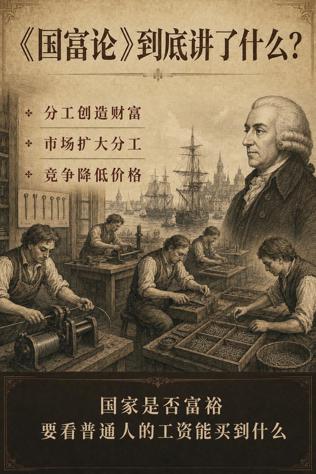 亚当斯密《国富论》核心观点：1、分工是国民财富的第一源泉——把一件工作拆得越细、