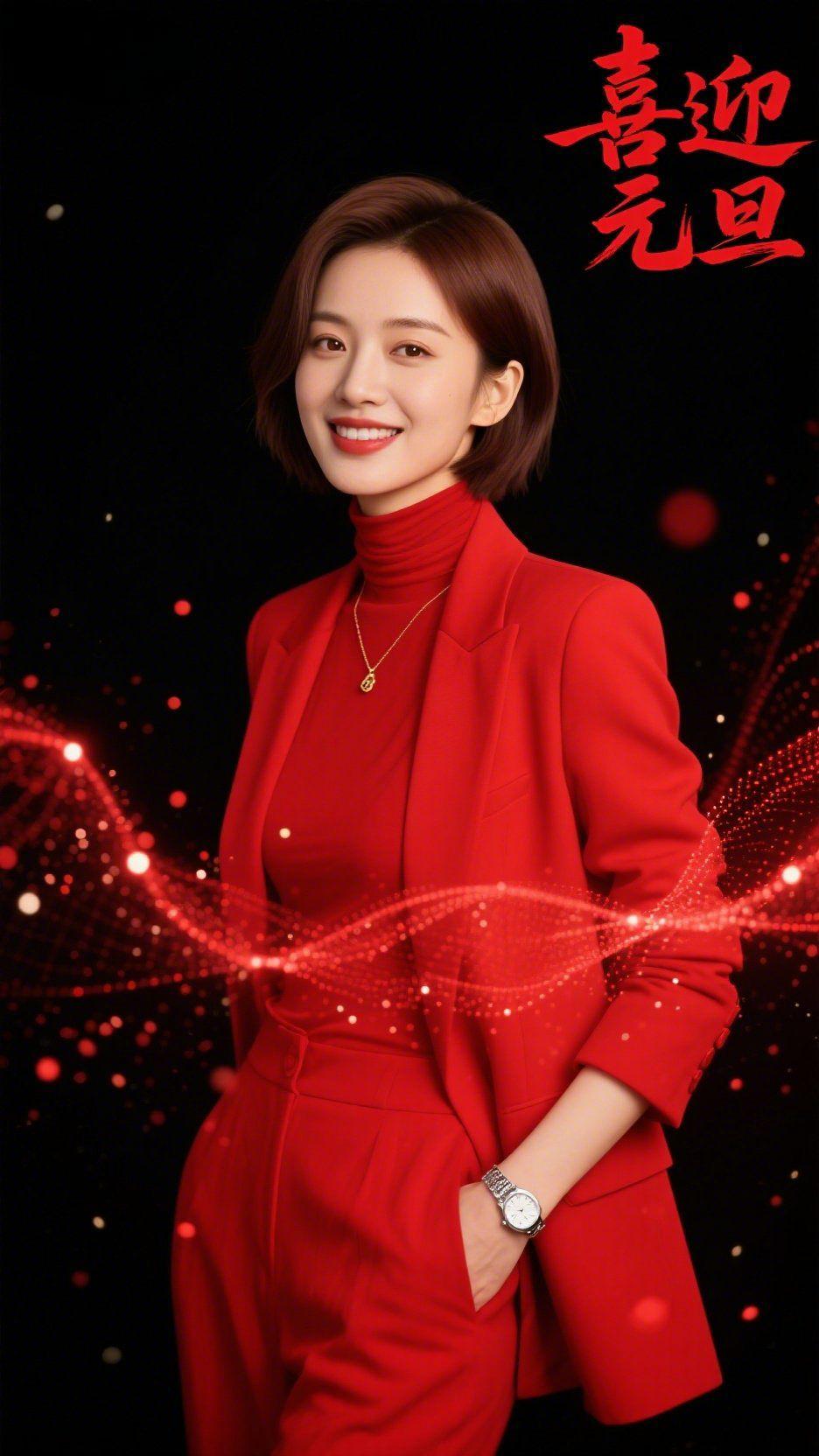 《红装里的元旦暖意》墨色背景衬得一身红愈发明朗，像把岁末的暖意都织进了衣装