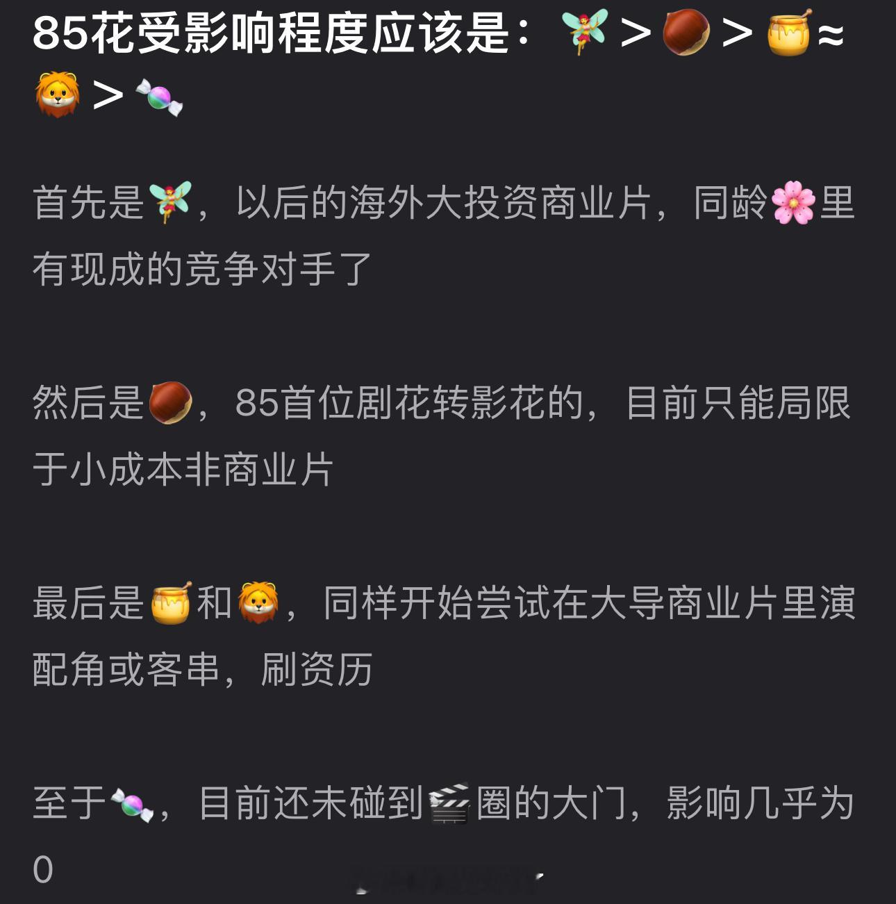 有网友给辛芷蕾拿奖85花受影响程度排了个序，大家怎么看？​​​