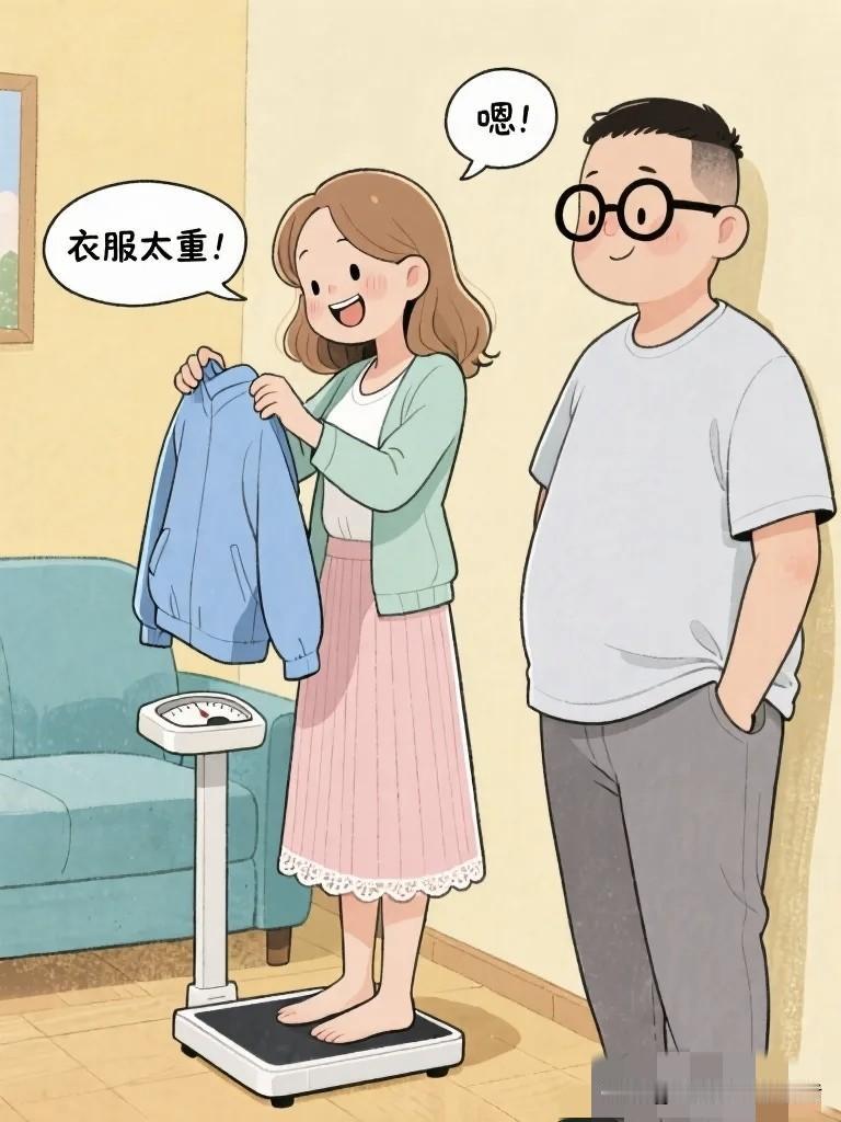 幽默漫画图搞笑漫画：妻子上秤前各种操作，丈夫在旁边看。妻子："衣服太重。"丈夫：
