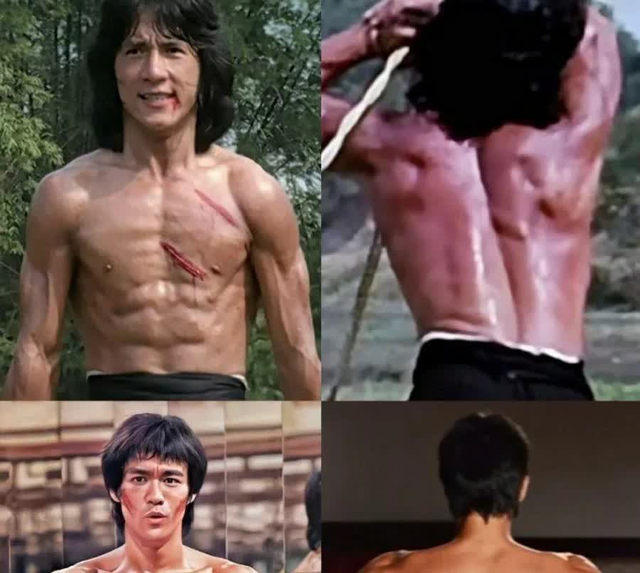 成龙的胸部肌肉，与李小龙的胸部肌肉还是有差别的，成龙的胸部肌肉，明显略逊李小龙的