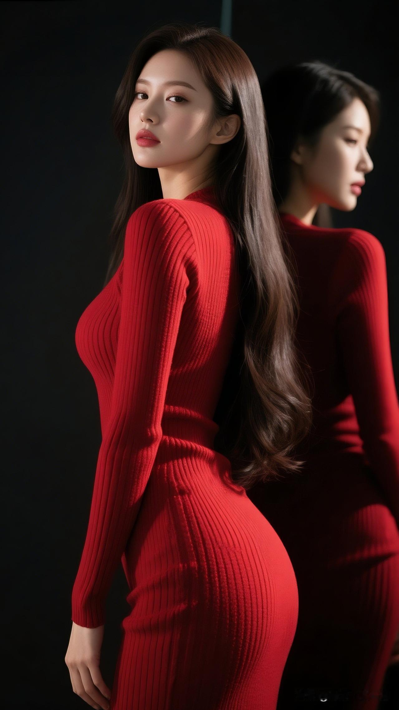 红衣美人倚，镜中映芳容。绝美身材是怎么练出来的?优雅红裙，迷人侧颜，尽显女性魅