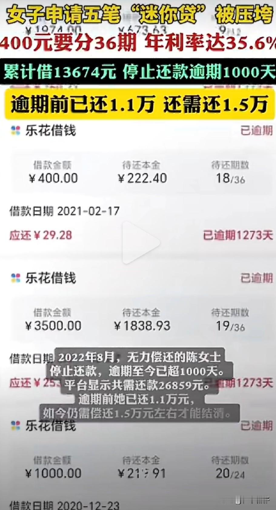 安徽一位陈女士大学时在校园内被分期乐推销人员诱导，先后申请了五笔贷款：6800元
