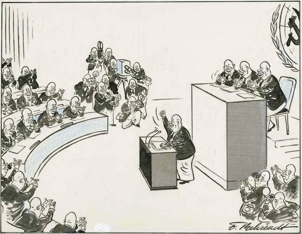 这幅政治漫画讽刺了苏联领导人尼基塔·赫鲁晓夫时期党内政治生态的“绝对一致”与缺乏民主。赫鲁晓夫虽然名